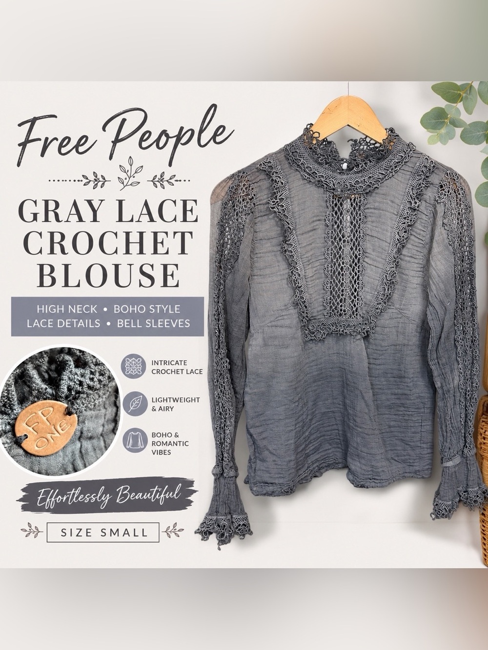 Free People Gray Lace Crochet High Neck Boho Blouse Size Small